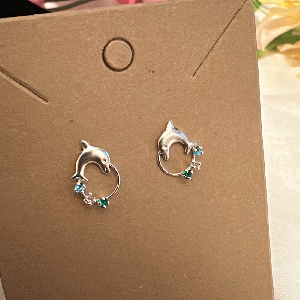 Silver Dolphin Earrings with Colorful Accents
